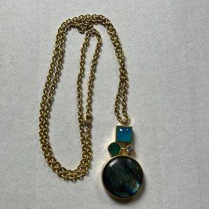 30” Gold plated link chain with Labradorite, CZ, quartz bezel pendant